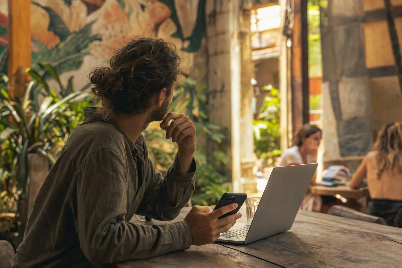 A traveller at a hostel table with a laptop open and a phone in hand