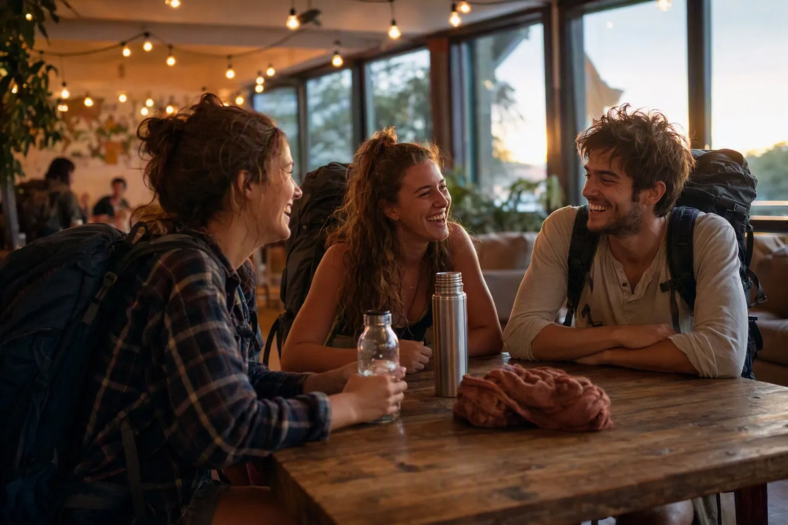 Three backpackers laughing together around a table in a hostel common room