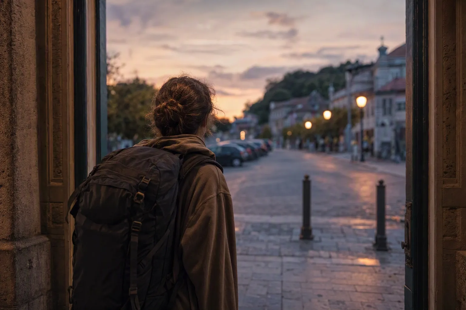 A traveller with a backpack looking out at an unfamiliar street at dusk