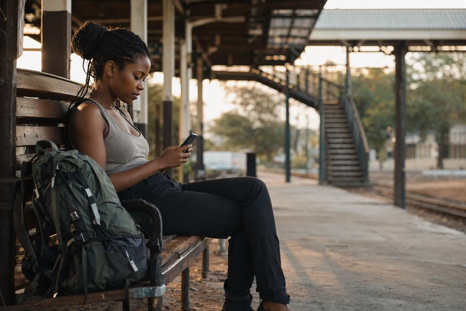 A backpacker sitting alone on a station platform bench at dusk, checking their phone