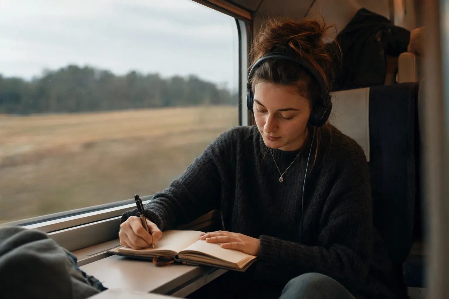 A traveller writing in a journal by a train window, headphones on, countryside outside