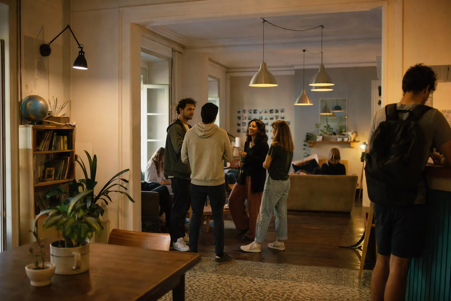 A newly arrived traveller standing at the edge of a busy hostel common room