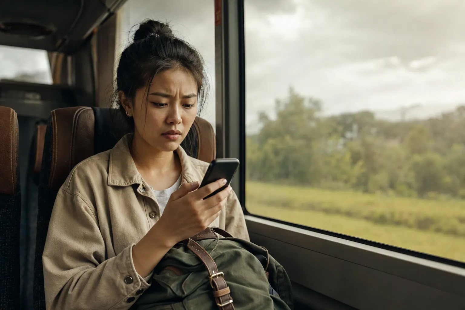 A traveller on a bus checking their phone with an uncertain expression