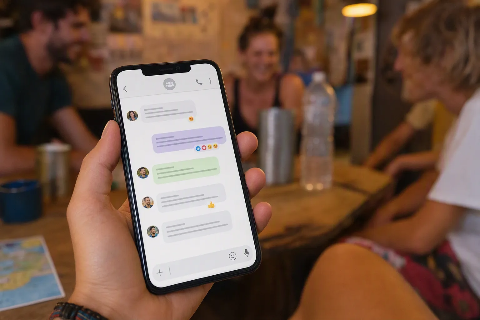 A traveller reading a hostel group chat on their phone in a busy common room