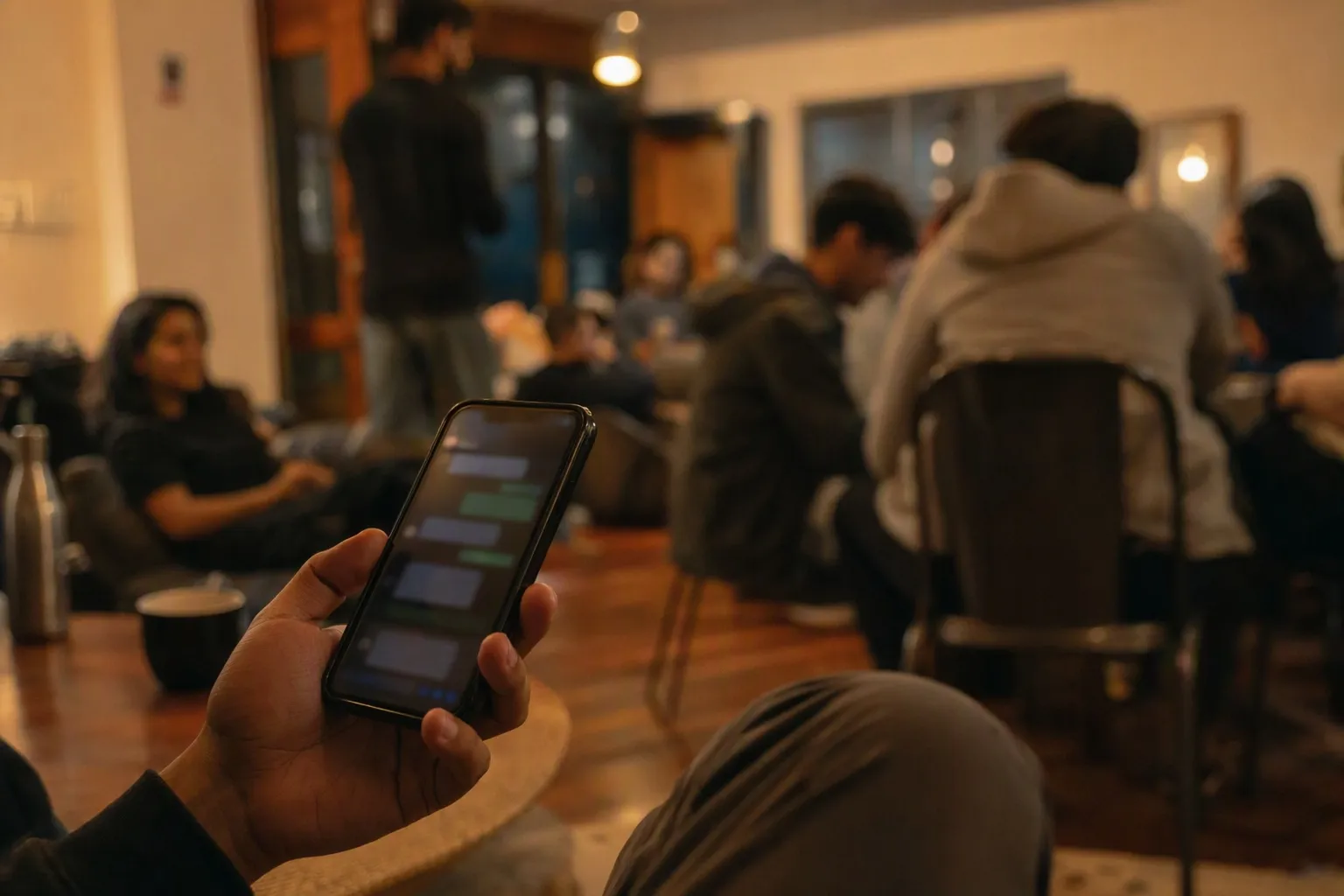 A traveller reading a hostel group chat on their phone in a busy common room