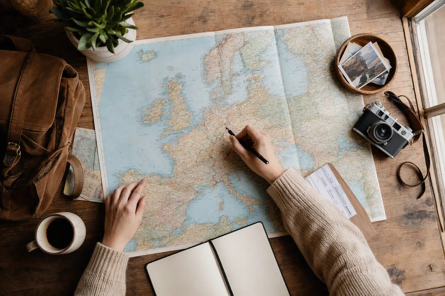 Planning a route on a paper map of Europe, with a notebook, pen and coffee