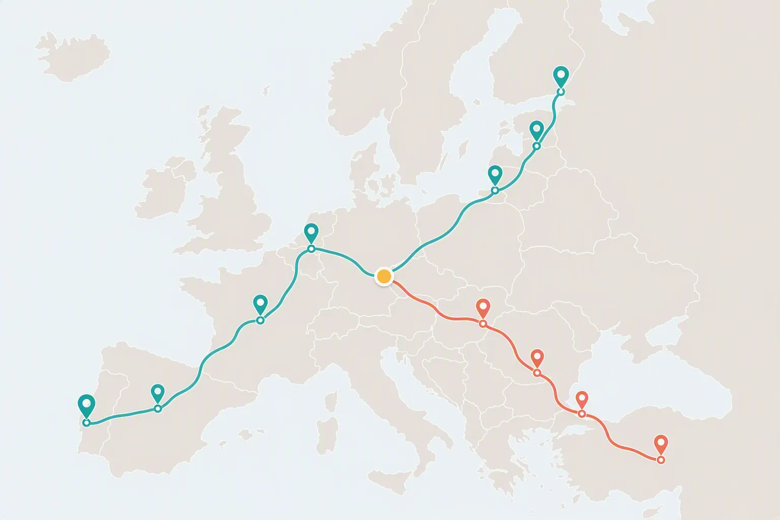 Two travel routes across Europe converging at a shared stop