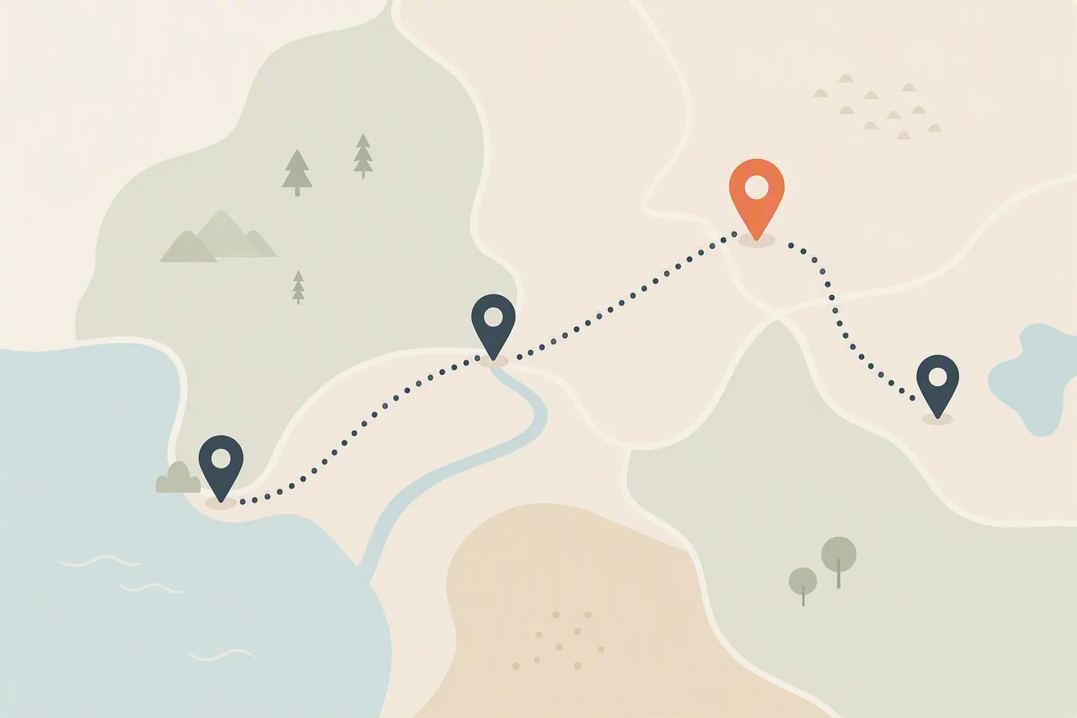 A dotted travel route linking four stops on a stylised map, with one stop highlighted