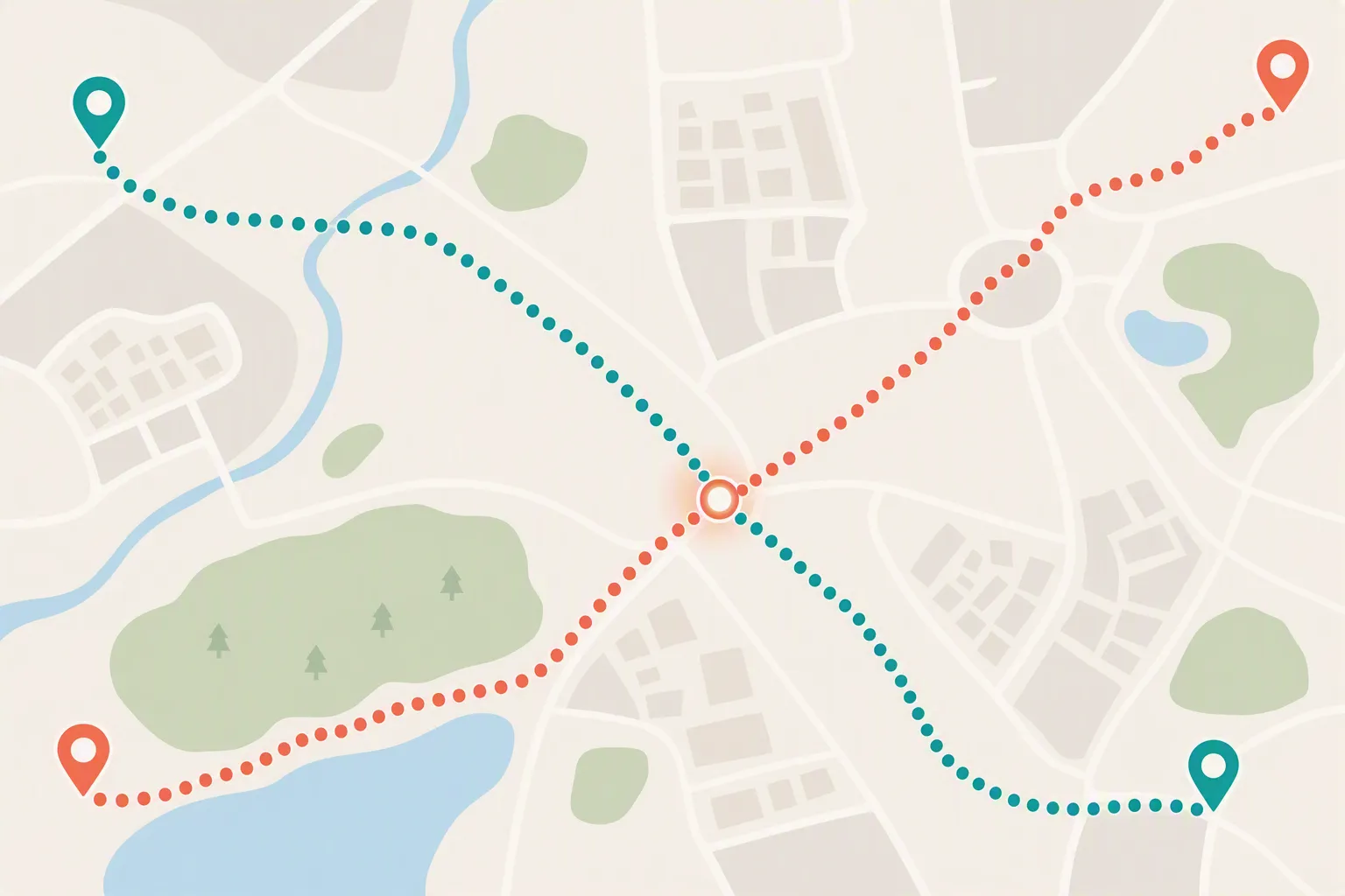 Two travellers’ routes crossing at a shared point on a city map