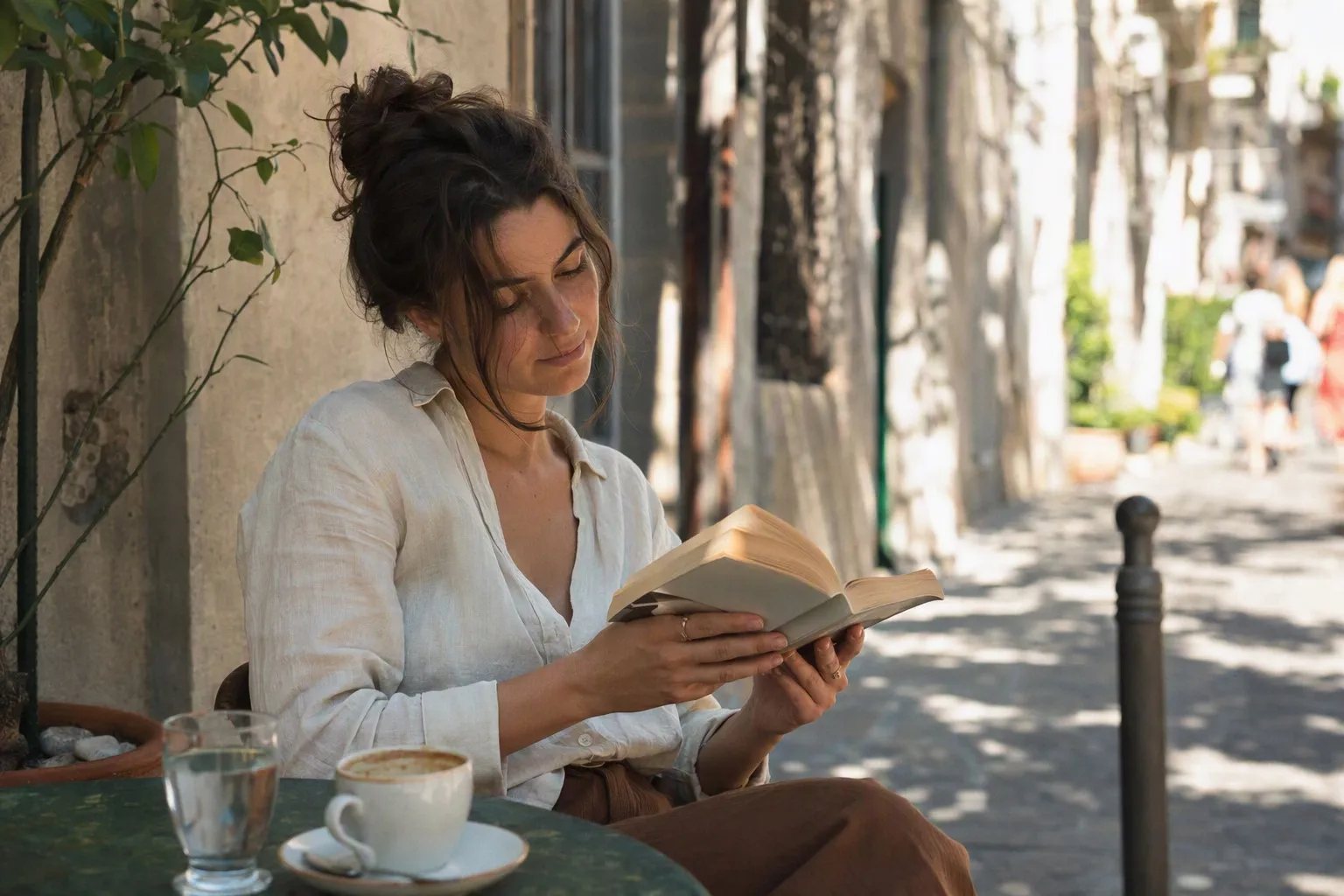 A woman reading a book alone at an outdoor cafe table in dappled sunlight