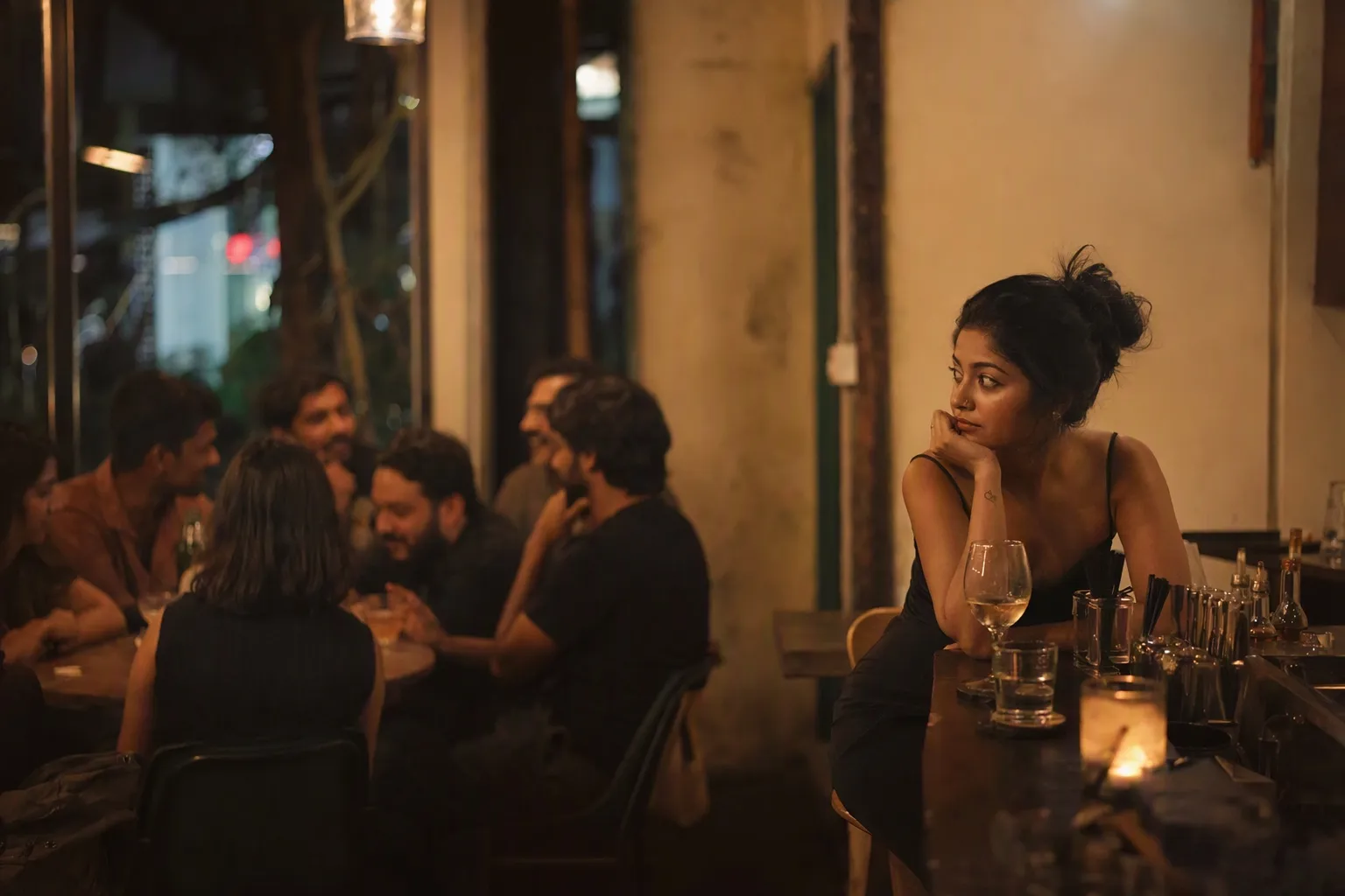 A woman sitting alone at a bar, glancing across at a lively group at a nearby table
