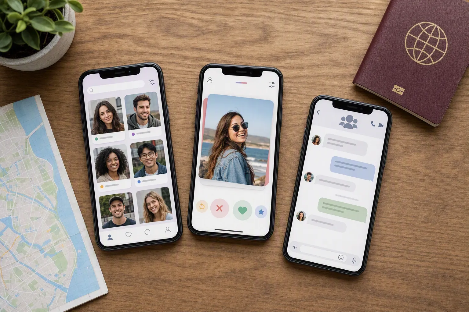 Three phones on a table showing traveller profiles, a swipe screen and a group chat