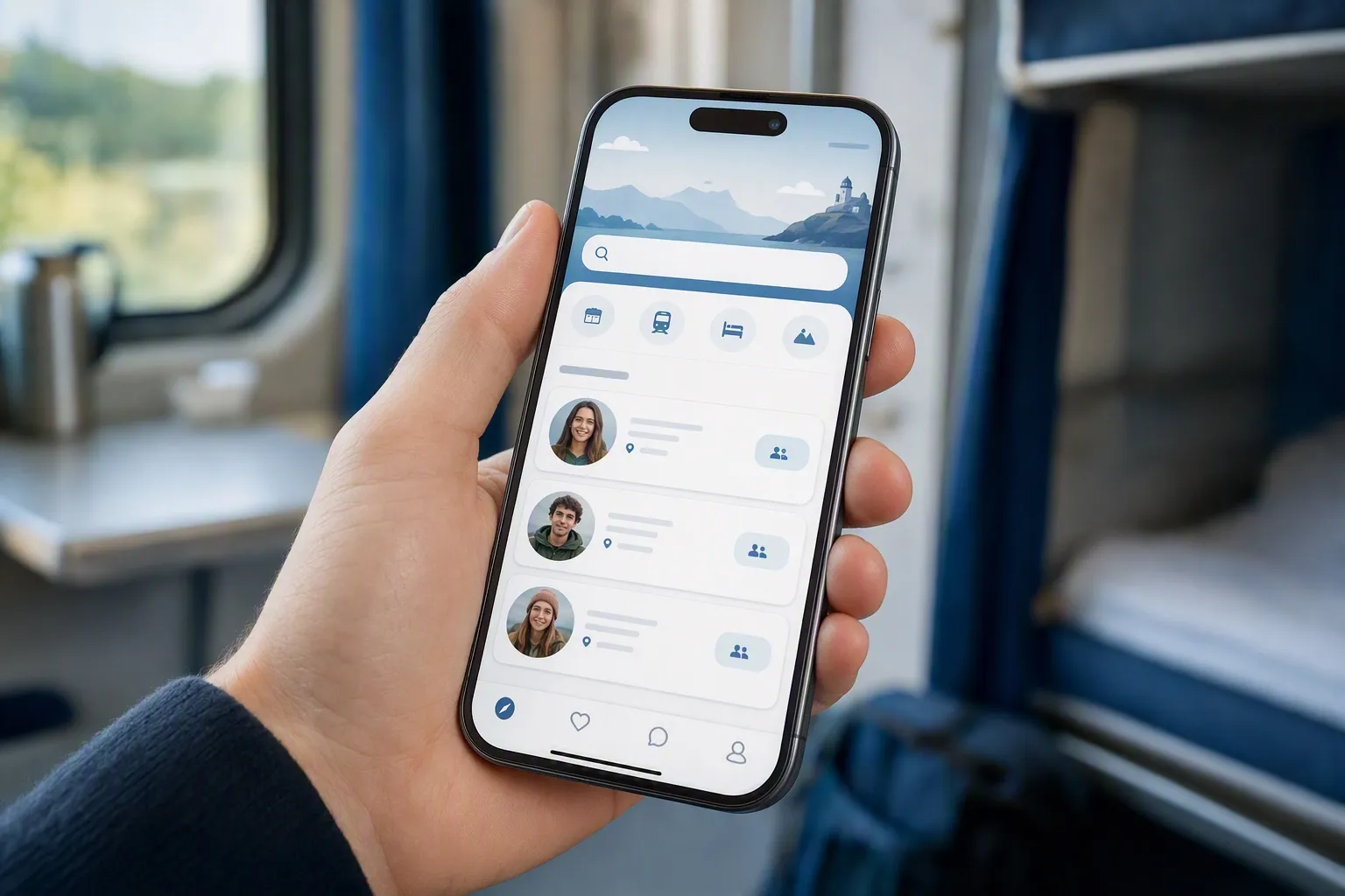 A traveller browsing traveller profiles on a phone from a train bunk